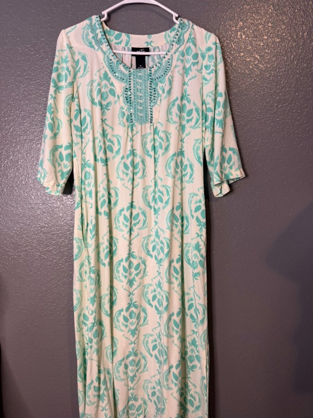 Patio Casuals by Cato Womens M Tunic Dress Aqua Floral Embroidered Sequin